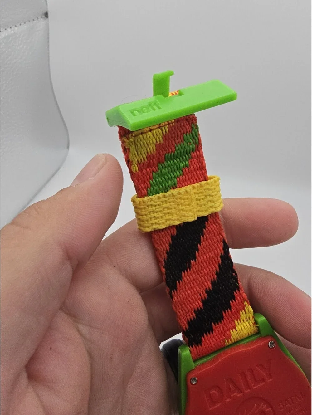 Neff Daily Quartz Analog Watch Green Plastic Case Red/Green Dial Nylon Strap 50m